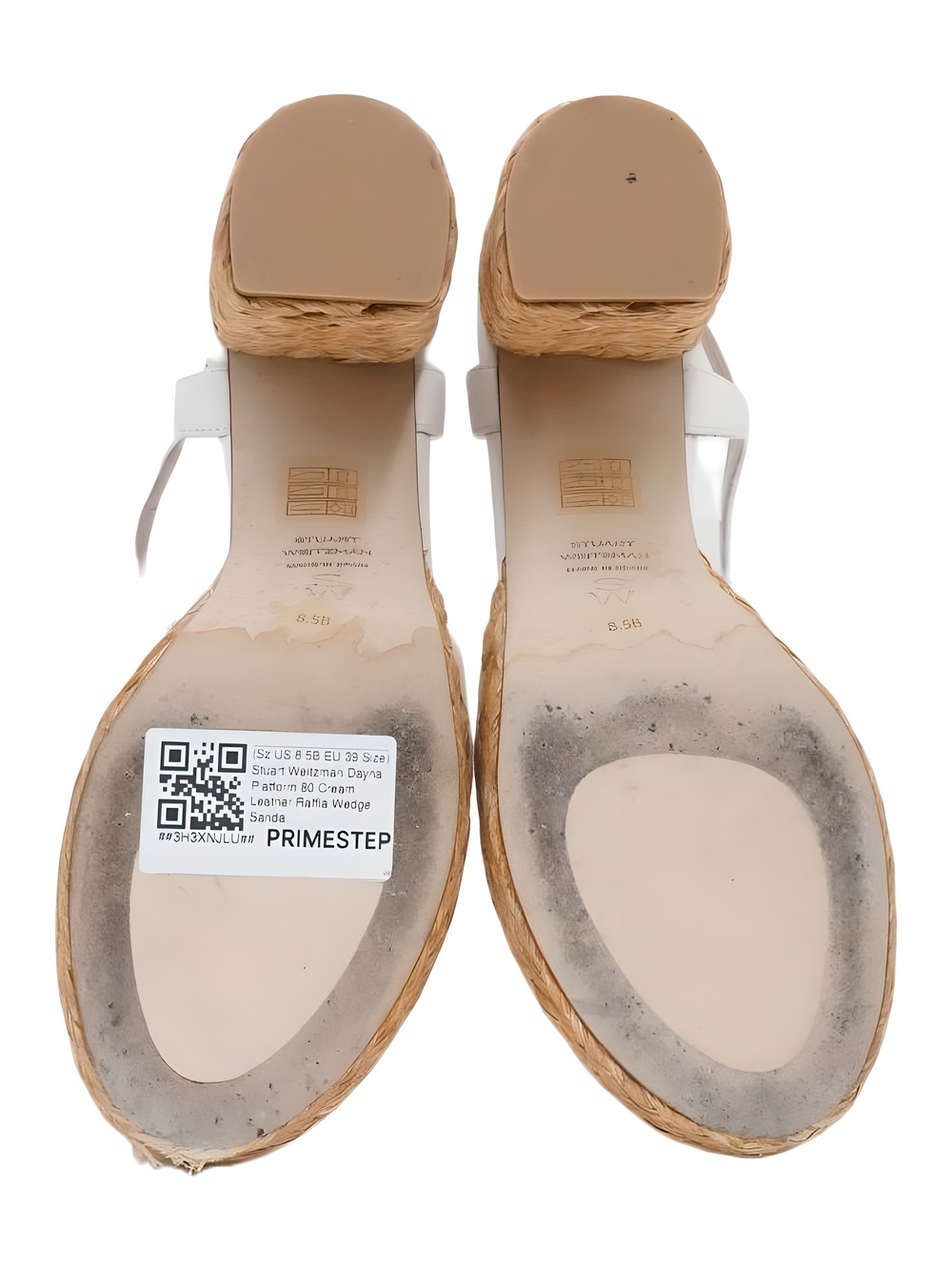 Stuart Weitzman Dayna Platform 80 Cream Leather Raffia Wedge Sandals Size 8.5B - Picture 6 of 6